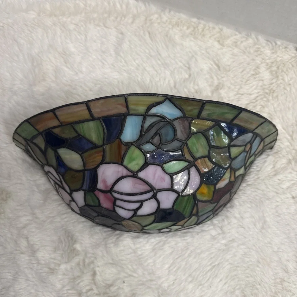 Tiffany Style Wall Sconce Rosebush Floral Vintage Stained Glass Round Fan Light